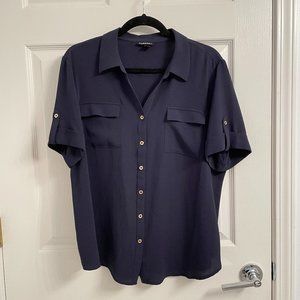 Women's Dark Blue Button Down Short Sleeve Top